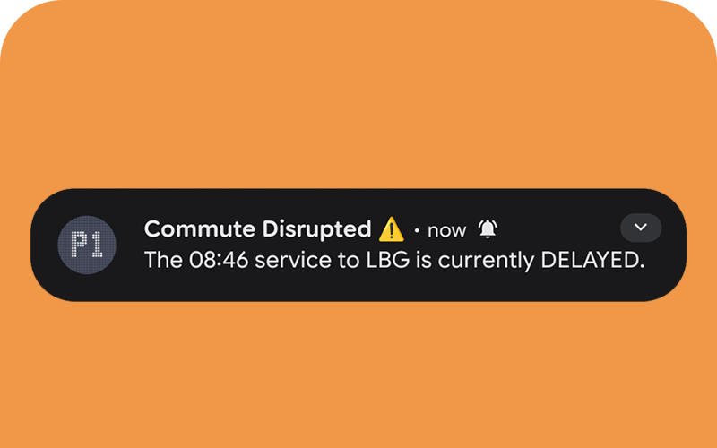 Push notification alert showing a train delay