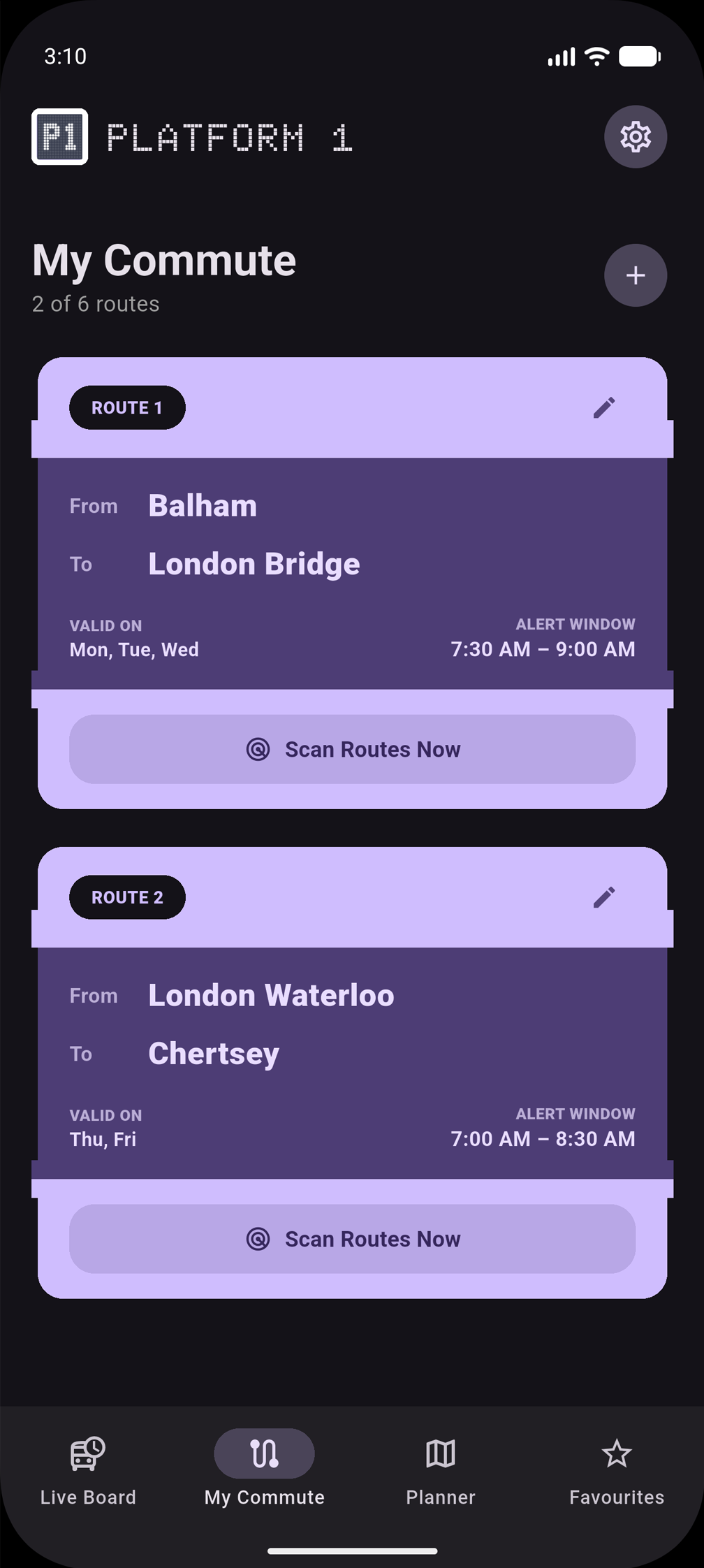 Platform 1 App showing the My Commute radar feature